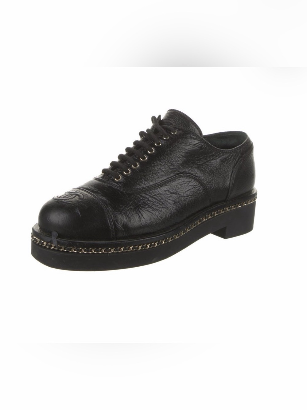 CHANEL Black Leather Lace-Up Oxford with Chain Trim